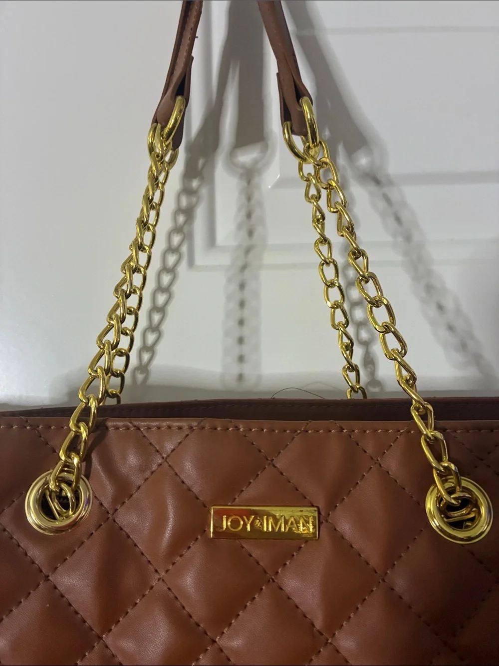 Love Quilted Tan Tote with Gold Chain Handles